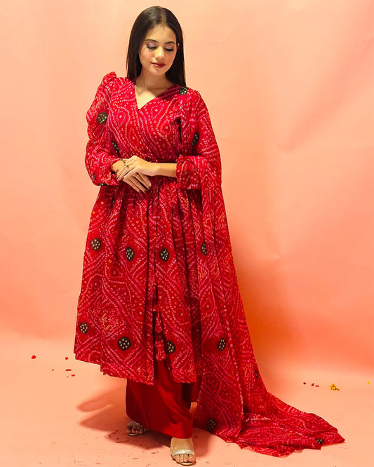 Gulaabi bandhani suit set