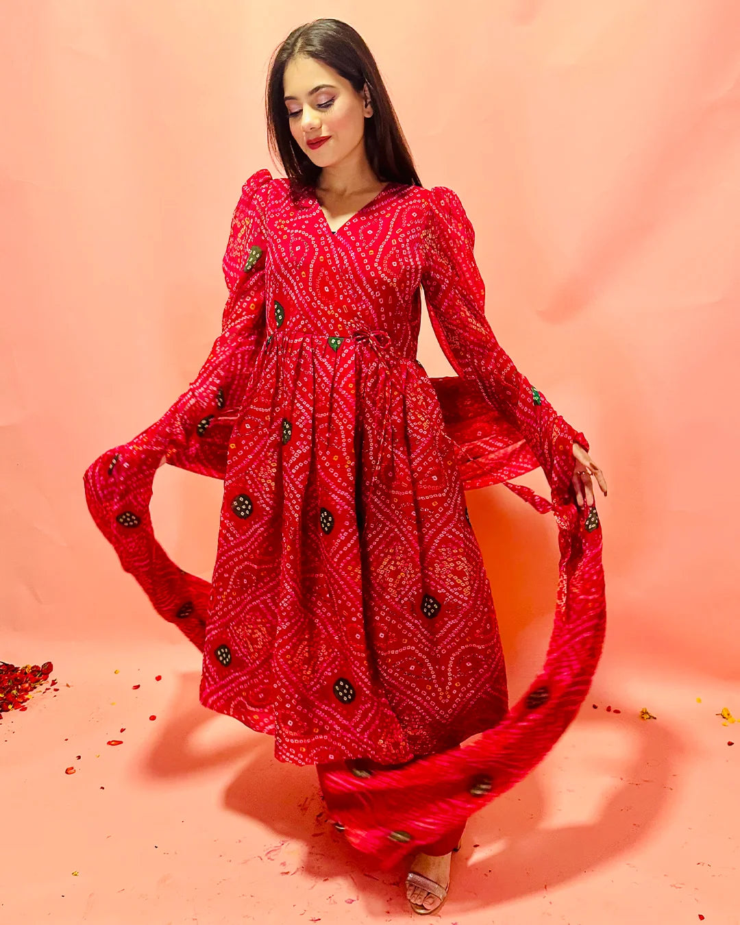 Gulaabi bandhani suit set