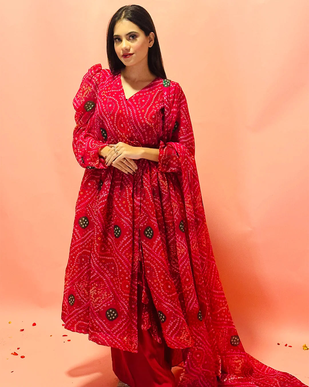 Gulaabi bandhani suit set