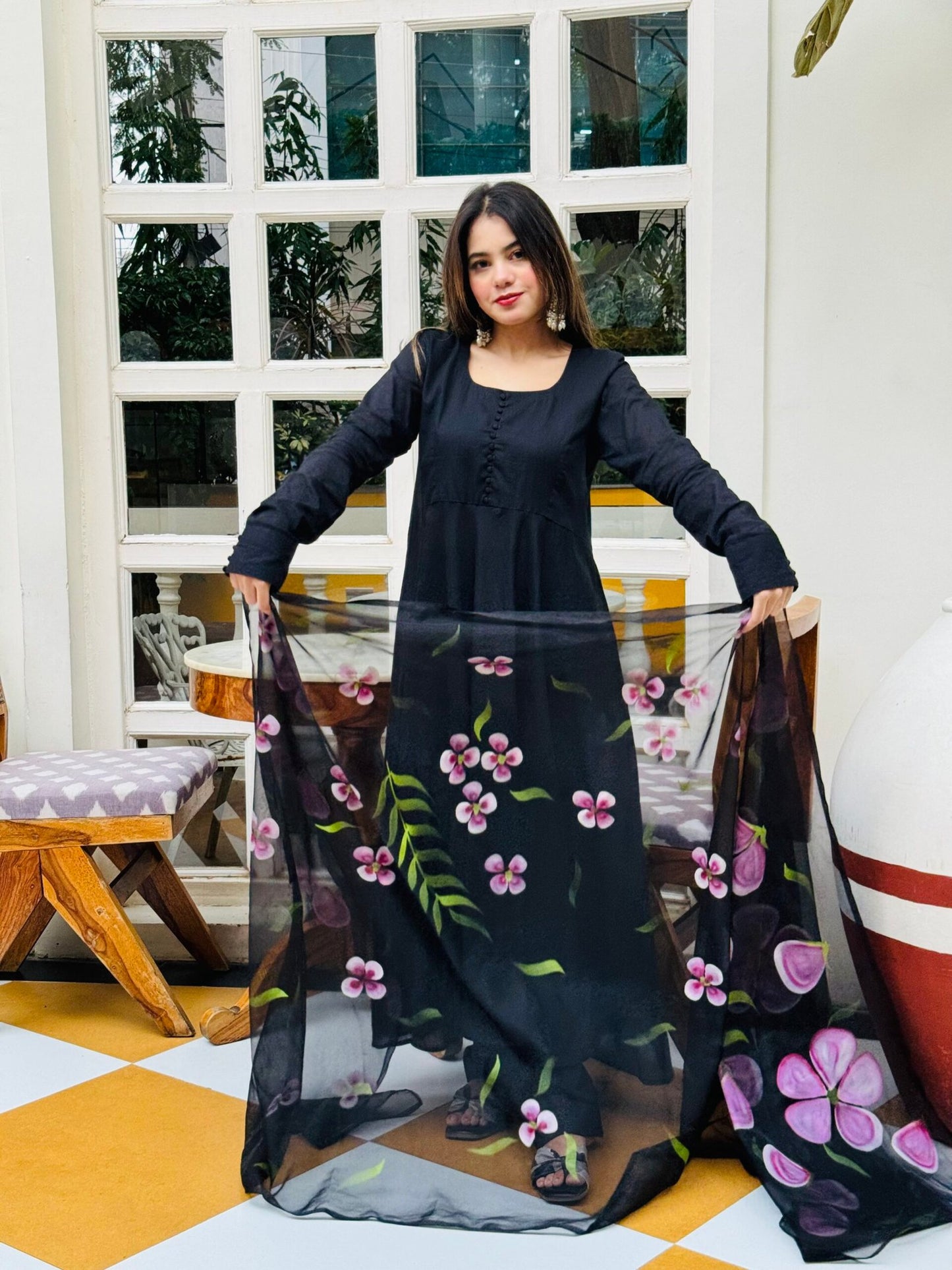 Laila Kalidar with handpainted dupatta